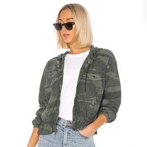 Splendid Women's Camo Print Hooded Zip Up Jacket Ruffle Hem Medium Hoodie